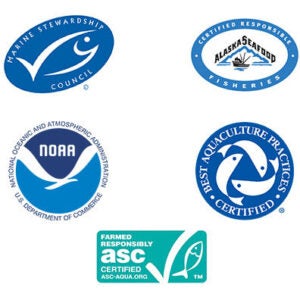 Marina stewardship council icon, Alaska Seafood certified fisheries icon, NOAA icon, Best Agricultural Practices Certified icon, and the ASC farmed responsibly icon