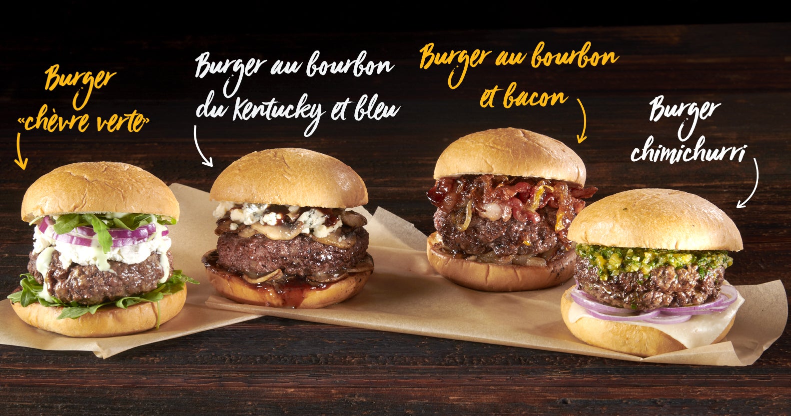 Four burgers: The Green Goat Burger, Kentucky Bourbon and Blue Burger, Bourbon and Bacon Burger, Chimichurri Burger.