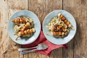 Peruvian Chicken & Veggie Skewers With Farro Salad