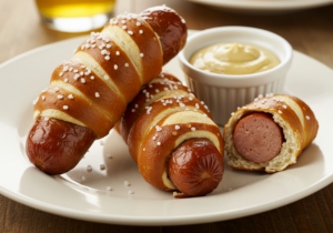 A close-up of three pretzel-wrapped bratwursts sprinkled with salt, served on a white plate with a small bowl of mustard for dipping.
