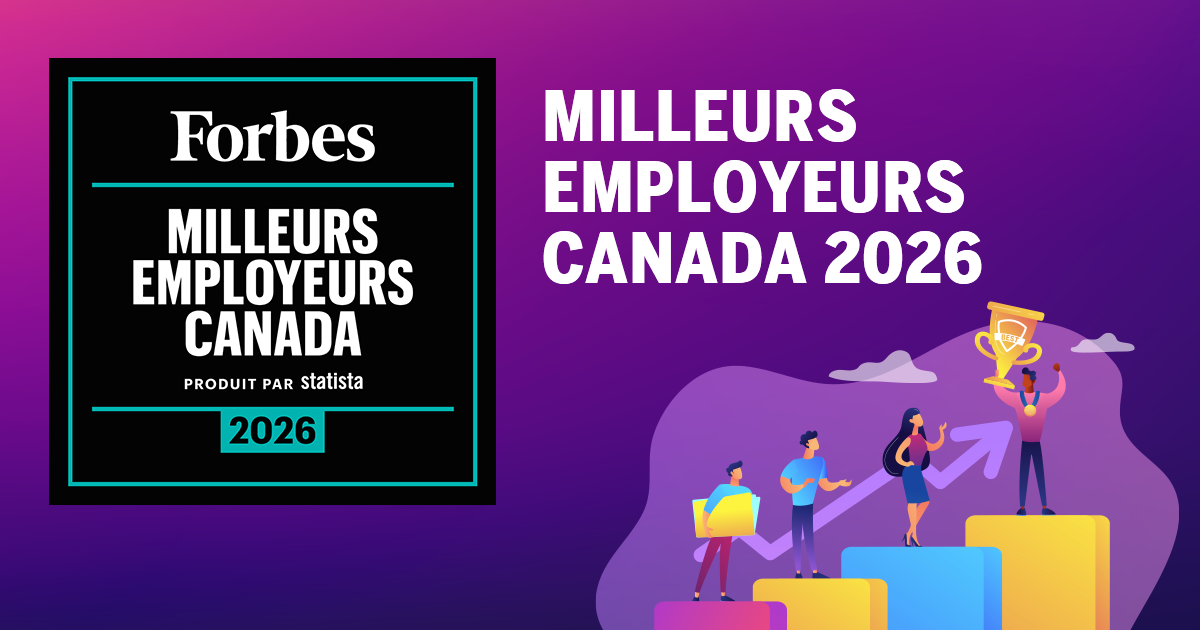 Écusson officiel Forbes : Meilleurs employeurs au Canada 2026 (Statista), accompagné d'une illustration de professionnels célébrant sur un graphique à barres ascendant.