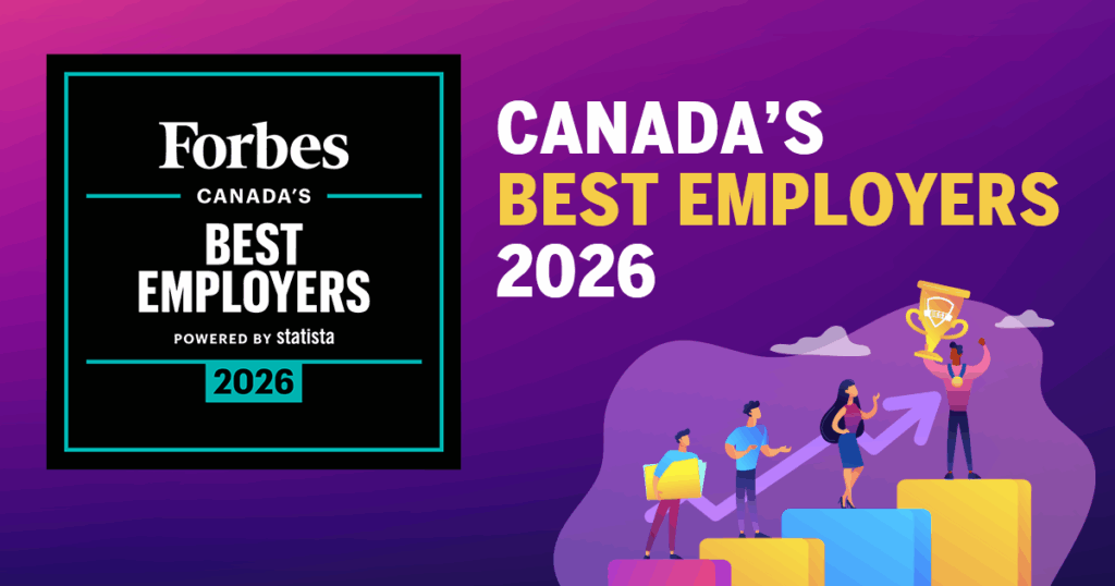 An official award badge for Forbes Canada’s Best Employers 2026, powered by Statista, is displayed alongside an illustration of diverse professionals celebrating on a rising bar graph.