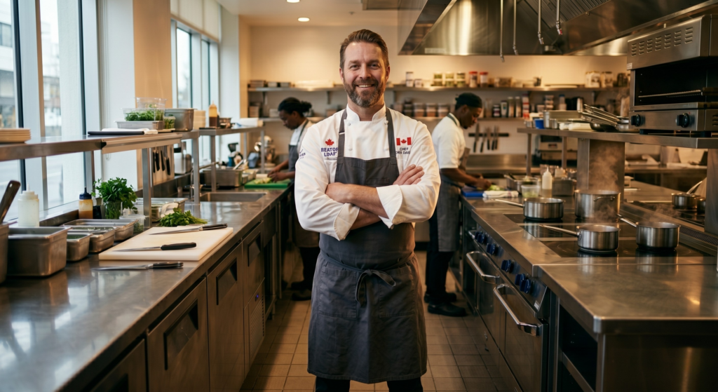Un chef cuisinier souriant se tient, les bras croisés, au centre d'une cuisine professionnelle bien éclairée, tandis que deux autres membres du personnel de cuisine travaillent à l'arrière-plan.