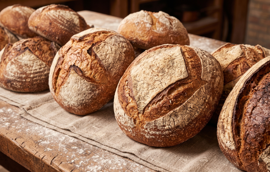 Freshly baked sourdough bread loaves with dusted flour tops rest on a linen runner atop a rustic wooden table.
