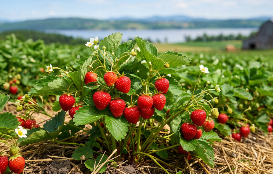 Ripe red strawberries growing on lush green plants in a sunlit agricultural field near a lake.