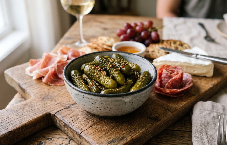 Ceramic bowl of pickled gherkins served alongside charcuterie, brie cheese, and grapes on a wooden platter.