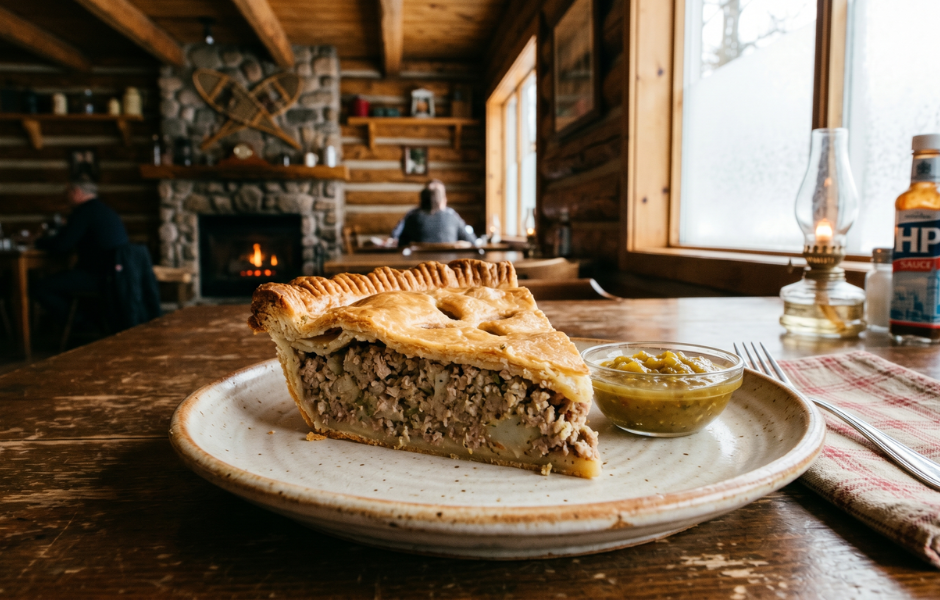 Slice of traditional Quebec tourtière meat pie served with green fruit ketchup in a rustic wood cabin setting.