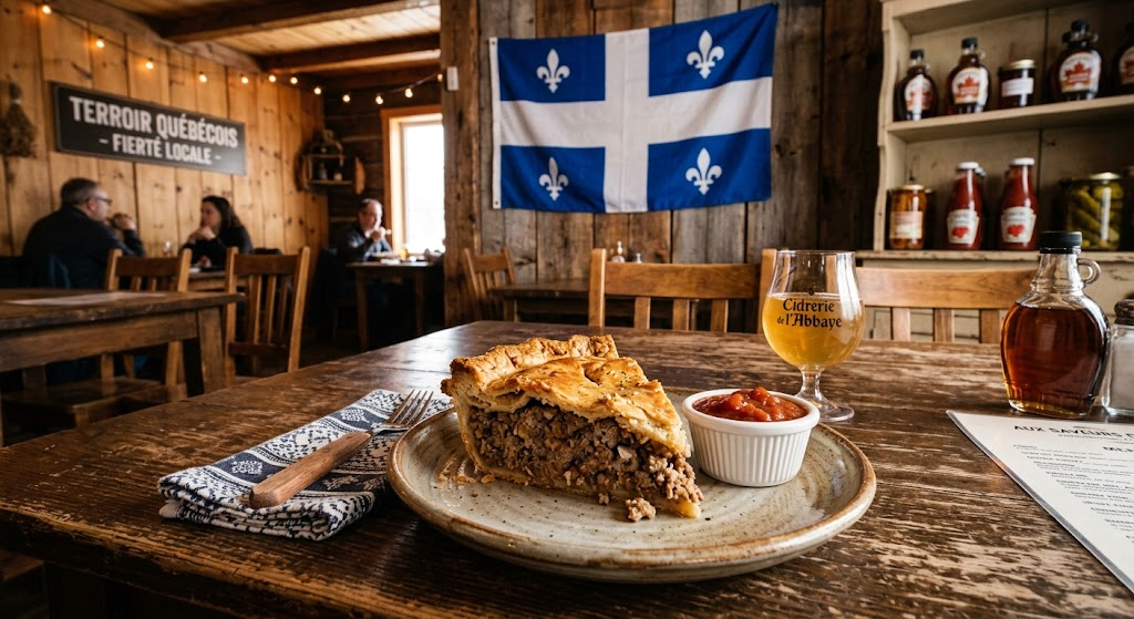 A slice of tourtière meat pie rests on a plate near cider and maple syrup inside a rustic Quebec dining room.