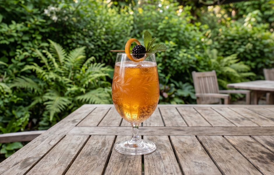 An iced cocktail garnished with a blackberry, mint, and orange peel sits on a wooden outdoor patio table.