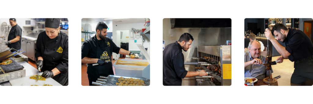 Chefs at Arabisk prepare grilled skewers and serve Middle Eastern cuisine to restaurant guests. 